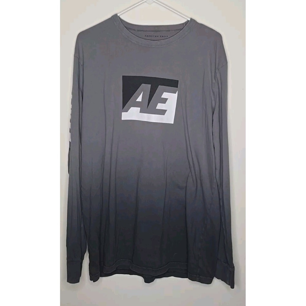 American Eagle Outfitters Long Sleeve Shirt Preppy Gray Ombre Graphic Logo XLT